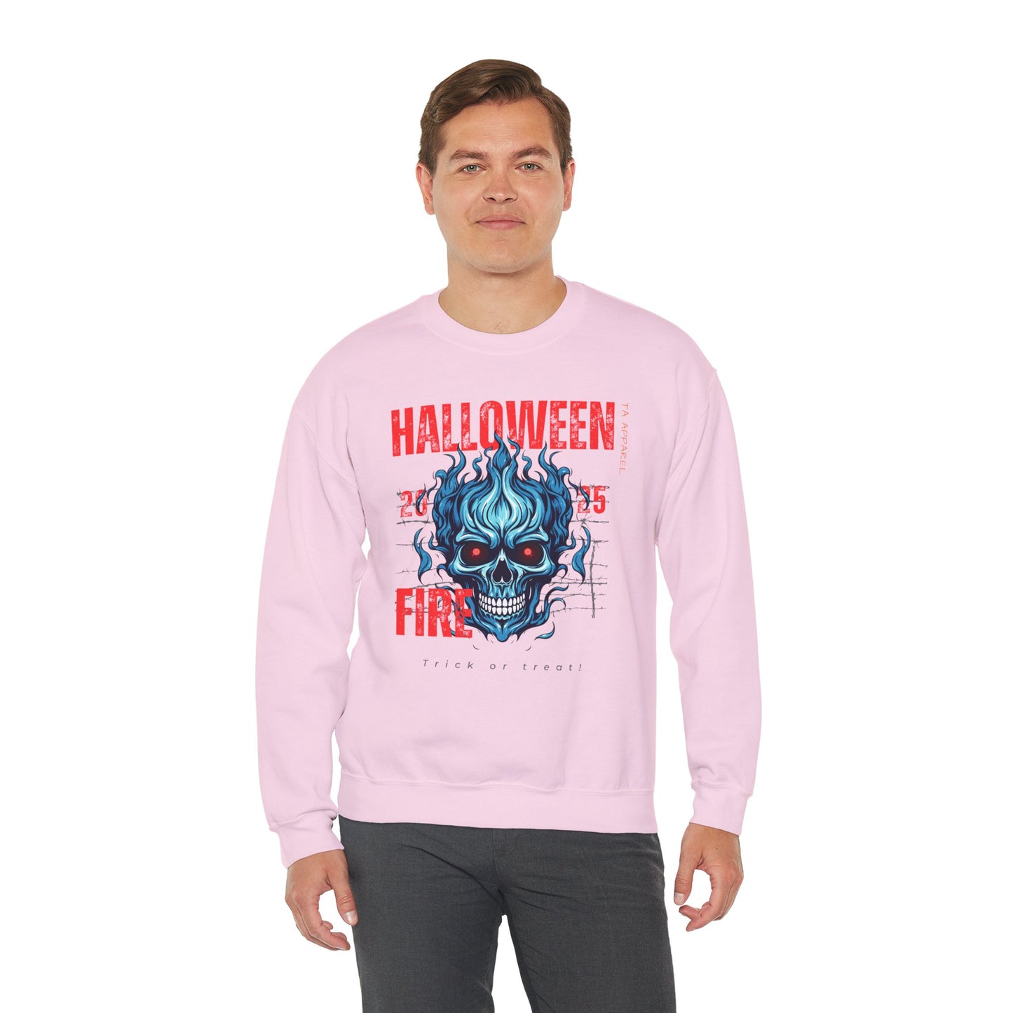 Halloween Fire Skull Sweatshirt, Unisex Crewneck for Fall, Spooky Season Apparel, Gift for Halloween Lovers, Cozy Awareness Top