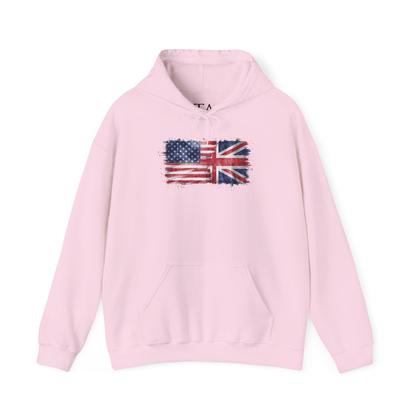 Patriotic Hooded Sweatshirt | Unisex Heavy Blend™ | USA & UK Flag Design | Cozy Gift for Holidays, Reunions, or Casual Wear