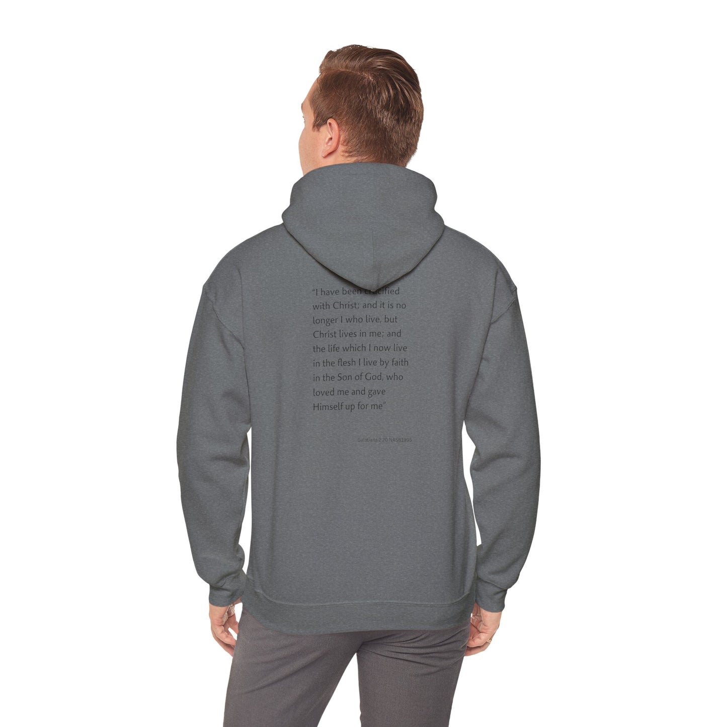 Faith Inspired Christian Cross with Thorns on Front and Galatians 2:20 on back Hooded Sweatshirt