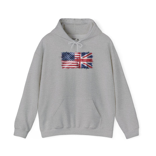 Patriotic Hooded Sweatshirt | Unisex Heavy Blend™ | USA & UK Flag Design | Cozy Gift for Holidays, Reunions, or Casual Wear
