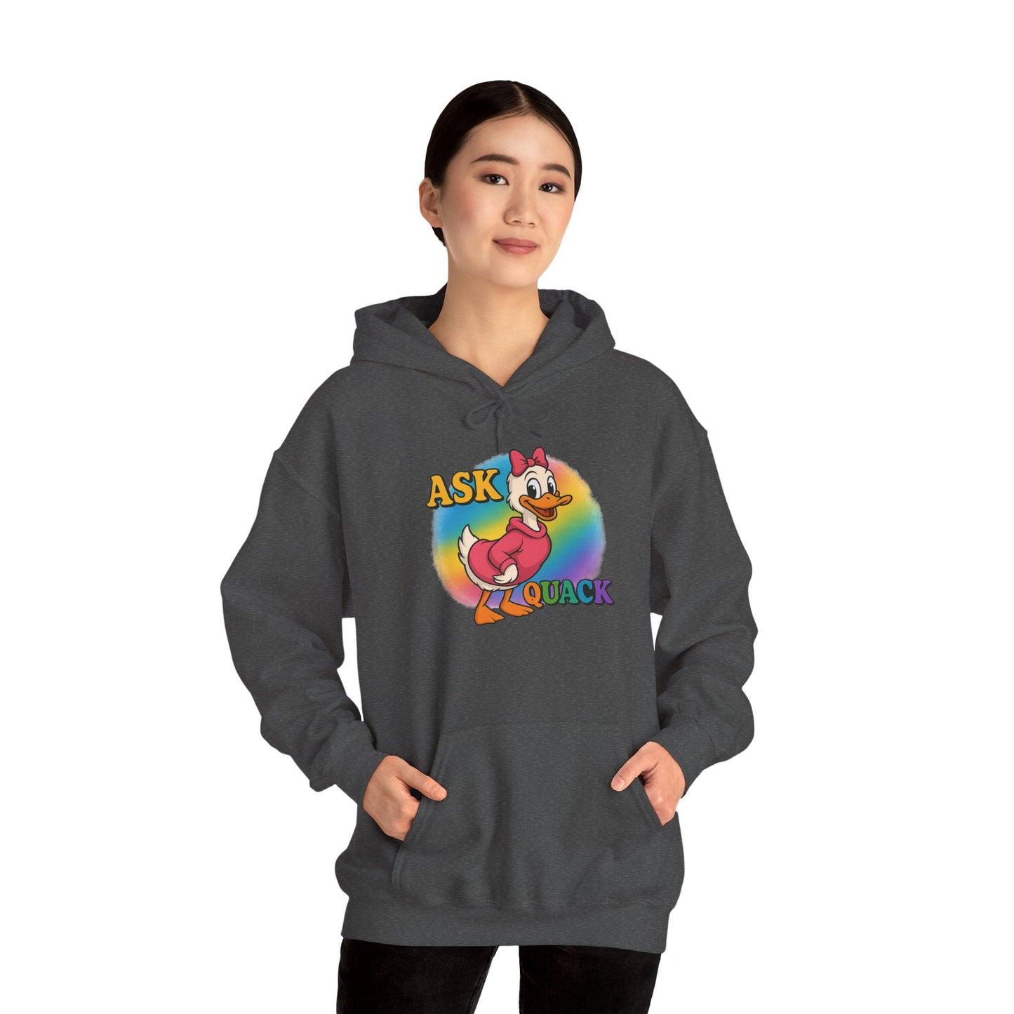 Askquack Female Duck Unisex Hoodie, Quirky Duck Design Sweatshirt, Novelty Animal Jumper, Humorous Duck Apparel, Unique Hooded Top