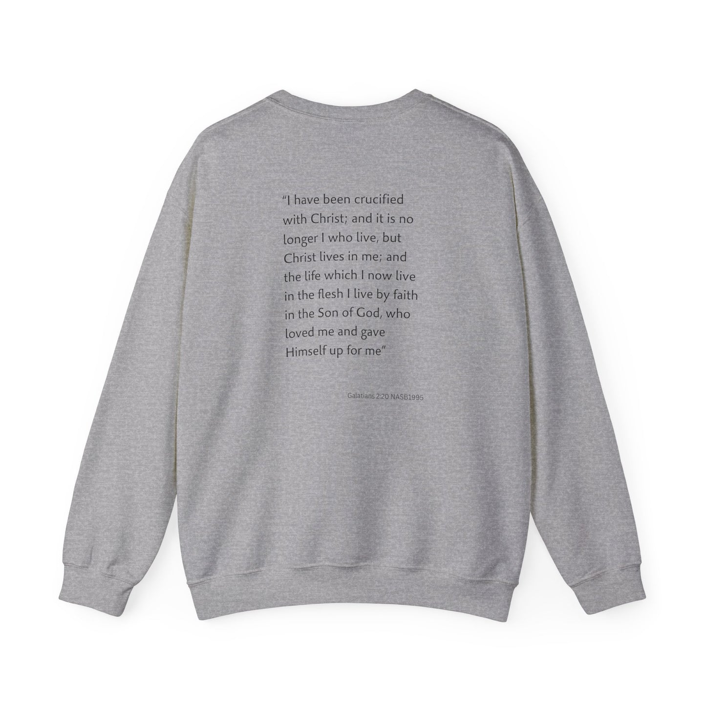 Faith Inspired Crewneck Sweatshirt Barbed Cross Design with Galatians 2:20
