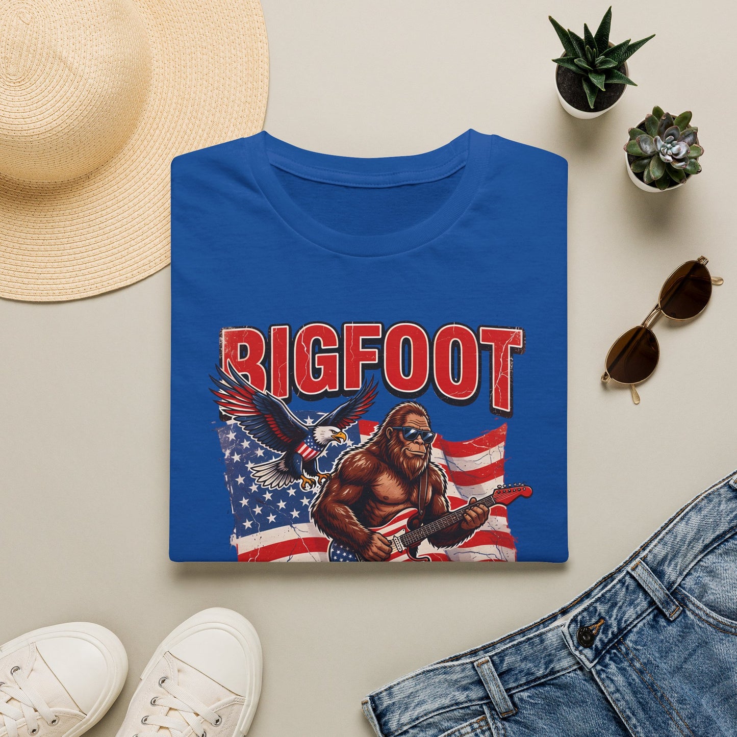 Bigfoot America T-Shirt — Patriotic Bigfoot Playing Guitar Graphic Tee