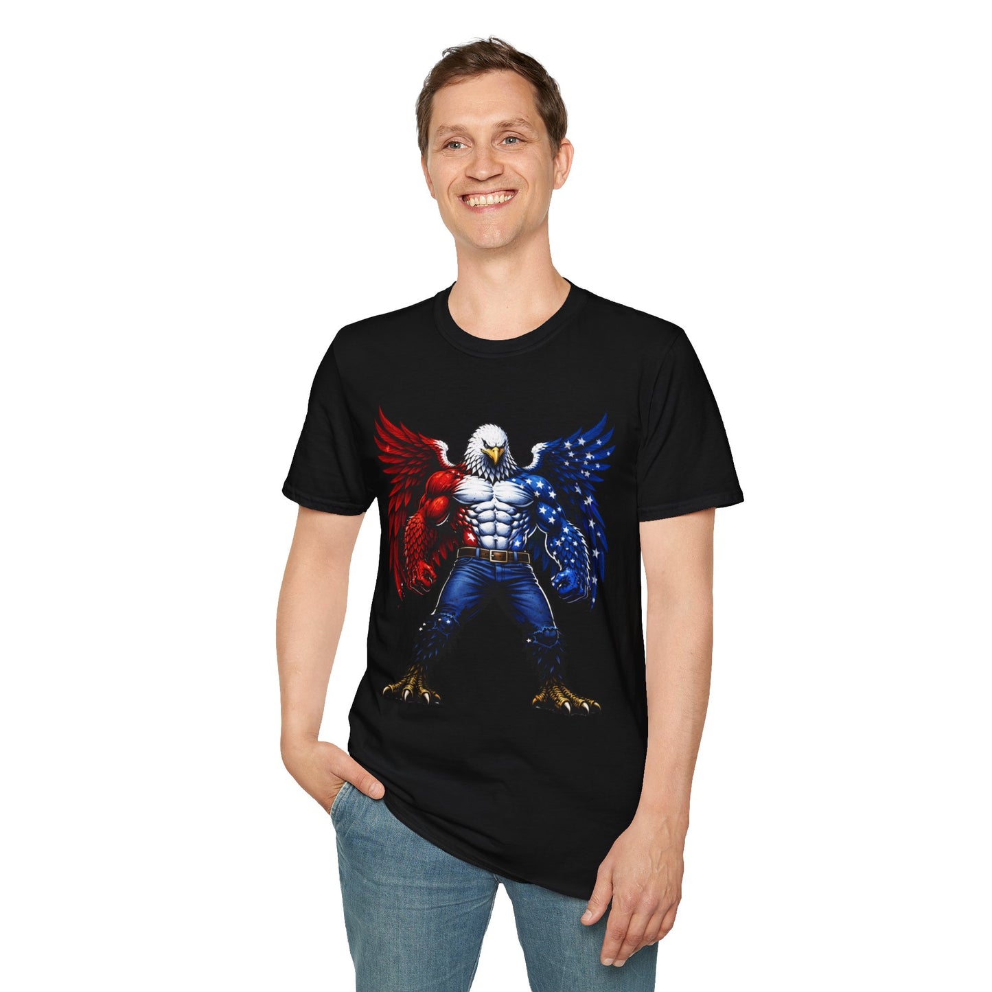 Birdmanzilla Patriotic Muscular Eagle T-Shirt | Red White Blue Winged Eagle Graphic
