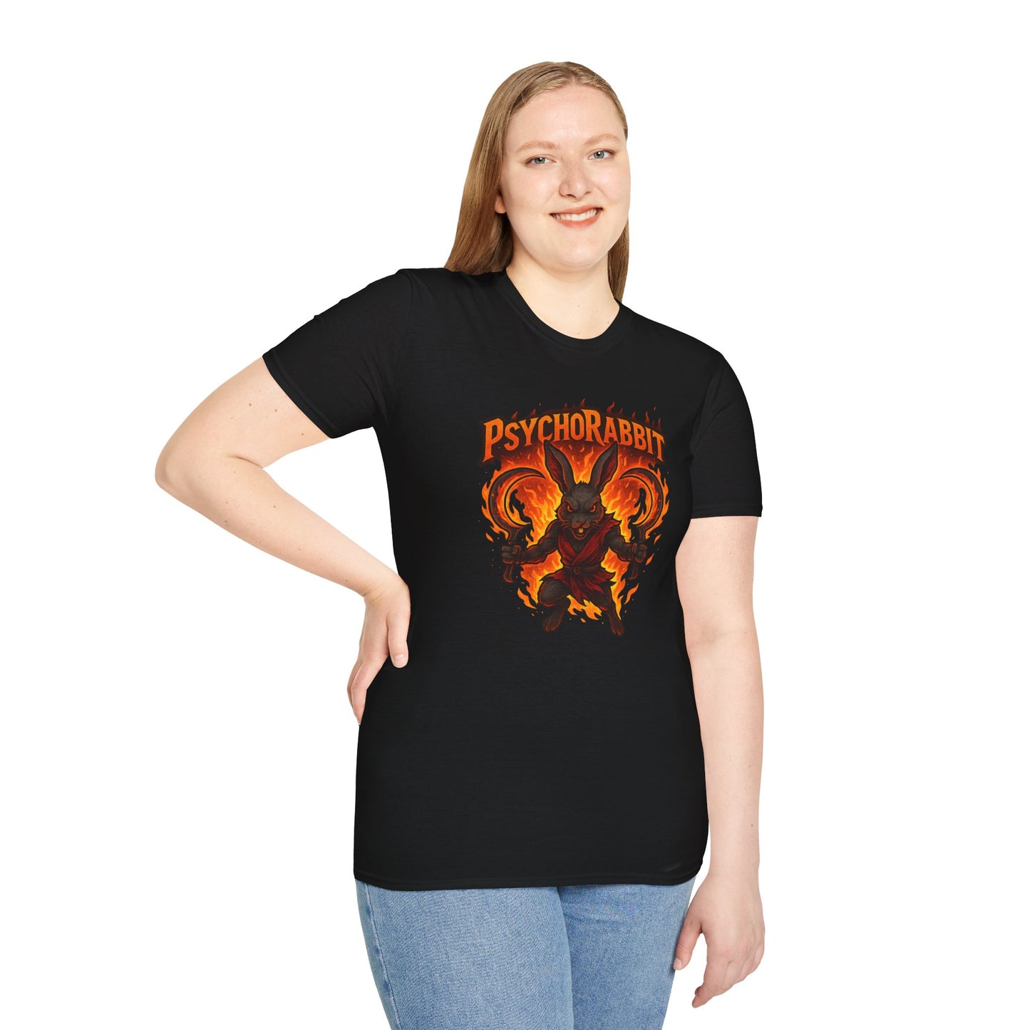 Psychorabbit Graphic Tee | Unisex Softstyle T-Shirt for Anime Fans and Gamers