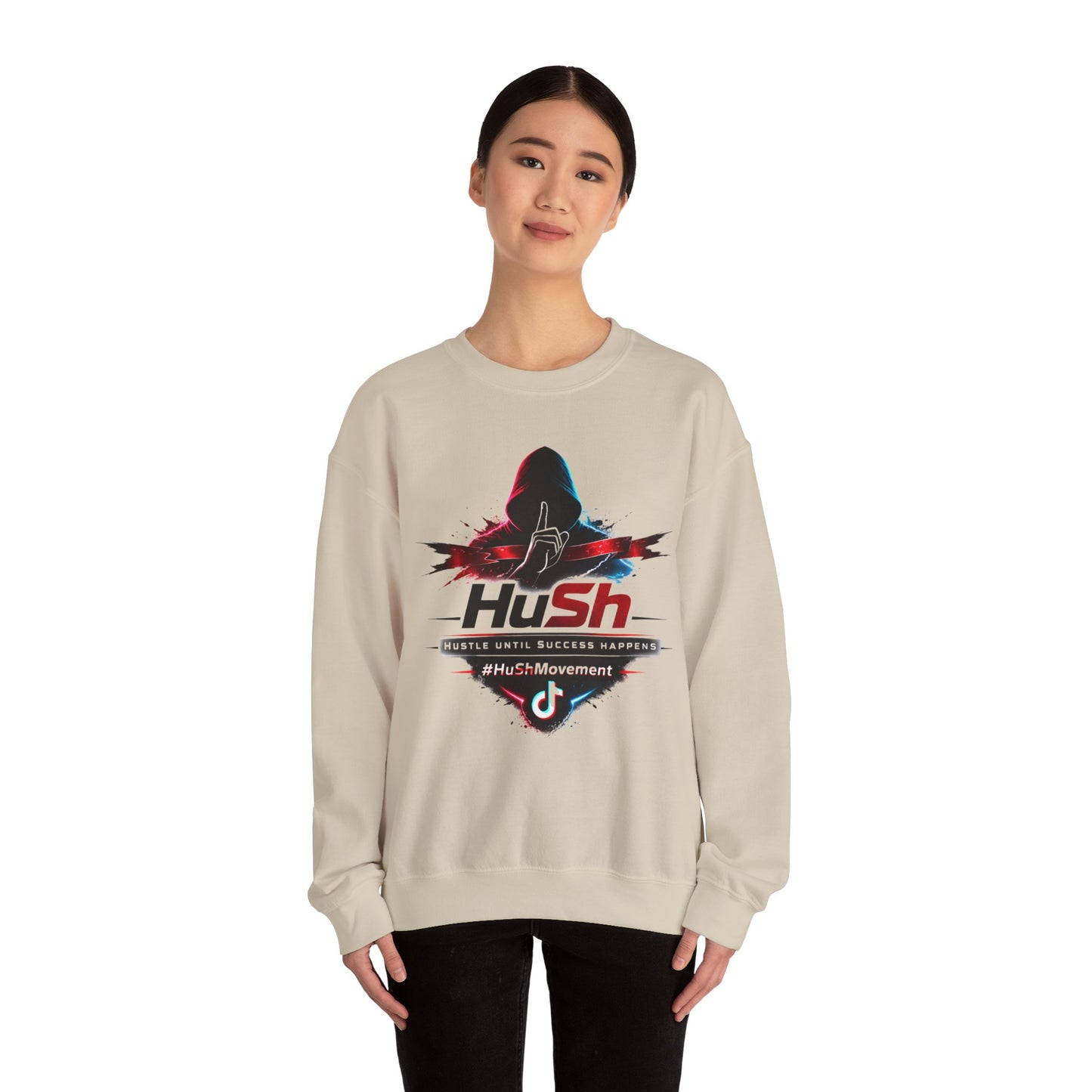 #HuSh Unisex Heavy Blend™ Crewneck Sweatshirt  | Hustle Until Success Happens, #HuShMovement TikTok Logo