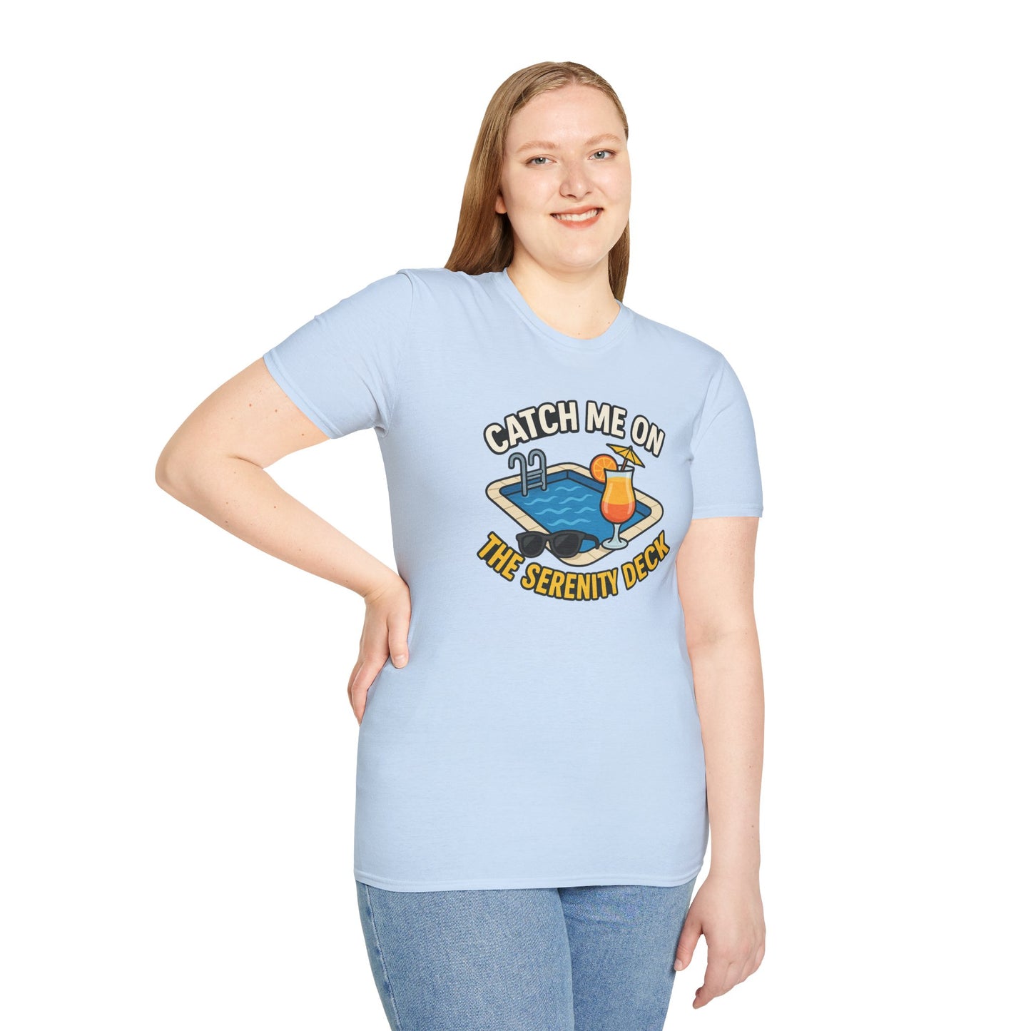 Catch Me on the Serenity Deck Unisex Softstyle T-Shirt, Relaxation Tee, Vacation T-Shirt, Beachwear, Gift for Travel Lovers
