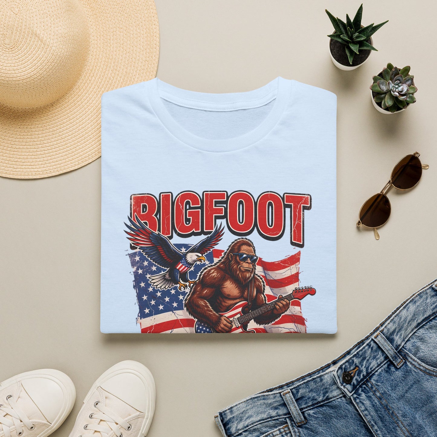 Bigfoot America T-Shirt — Patriotic Bigfoot Playing Guitar Graphic Tee