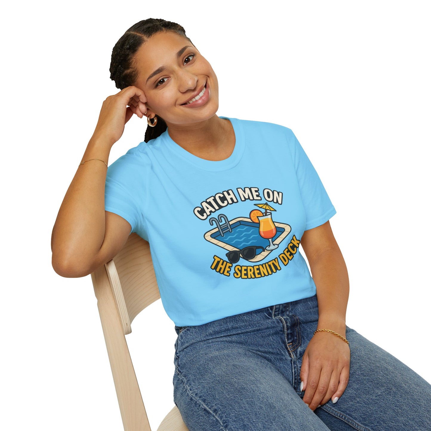 Catch Me on the Serenity Deck Unisex Softstyle T-Shirt, Relaxation Tee, Vacation T-Shirt, Beachwear, Gift for Travel Lovers