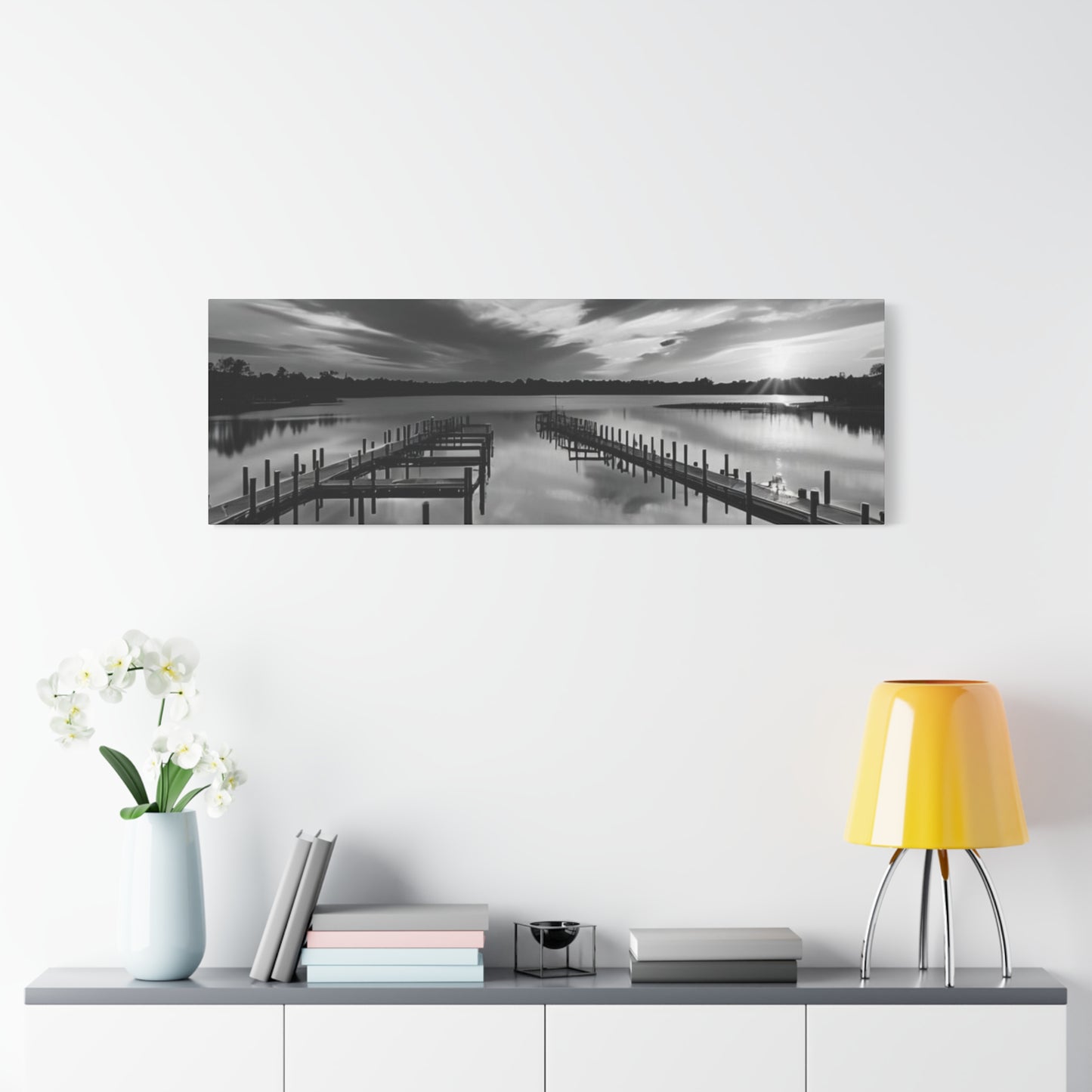 Serene Black and White Landscape Canvas Wall Art. Experience the calming vibe of overlooking the water at the end of the day.