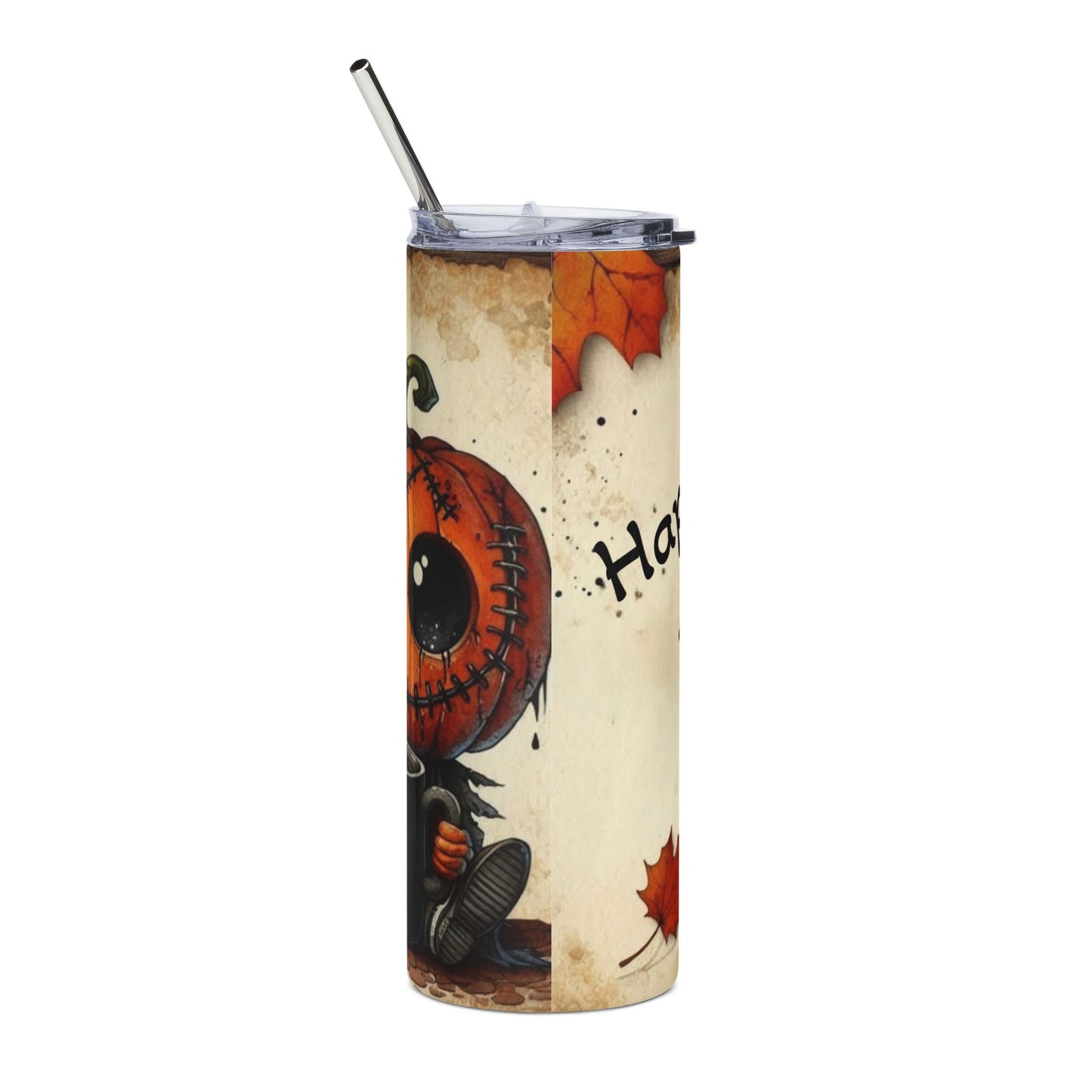 Fall-Themed Stainless Steel Tumbler, 20oz - Happy Fall Y'all Pumpkin and Autumn Leaves Design