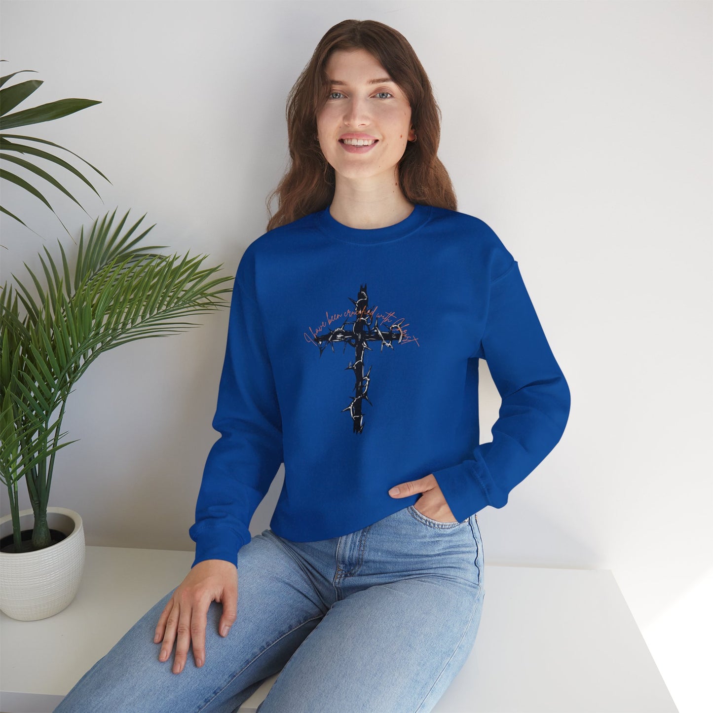 Faith Inspired Crewneck Sweatshirt Barbed Cross Design with Galatians 2:20