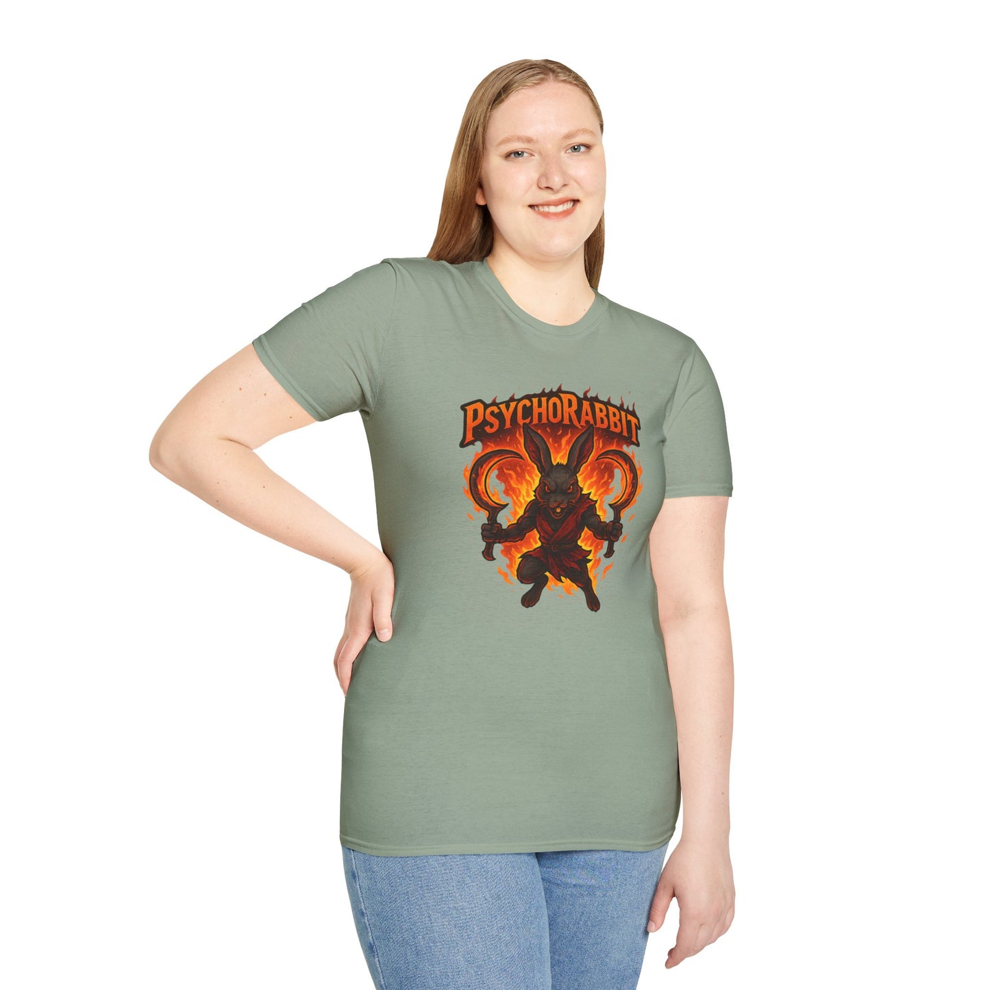 Psychorabbit Graphic Tee | Unisex Softstyle T-Shirt for Anime Fans and Gamers