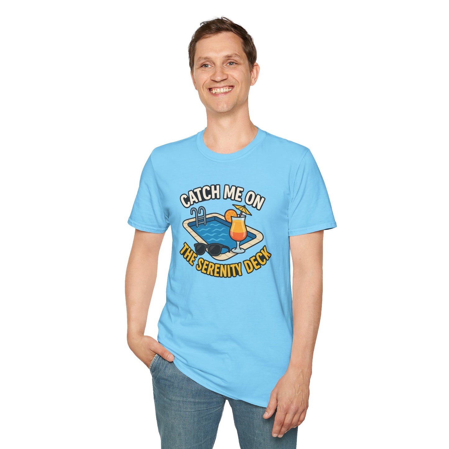 Catch Me on the Serenity Deck Unisex Softstyle T-Shirt, Relaxation Tee, Vacation T-Shirt, Beachwear, Gift for Travel Lovers