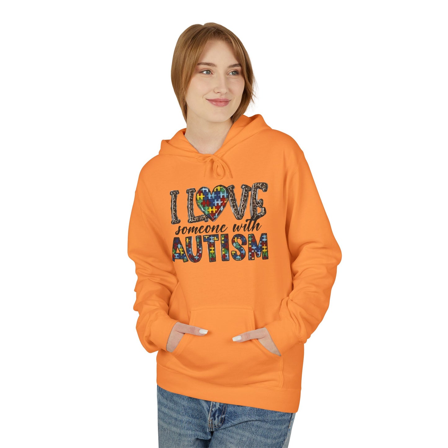 Autism Awareness Softstyle Hoodie - "I Love Someone With Autism" Puzzle Heart Design