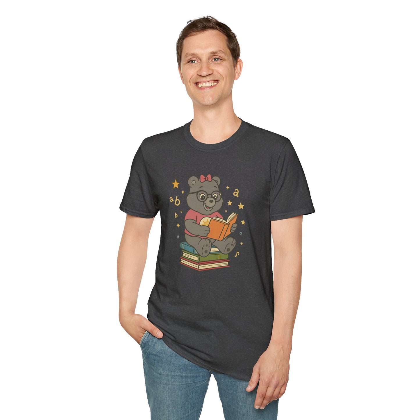 Carebear Jr Book Design Unisex Softstyle T-Shirt, Kids Graphic Tee, Children Reading Shirt, Cute Bear Illustration Top, Retro Style Apparel