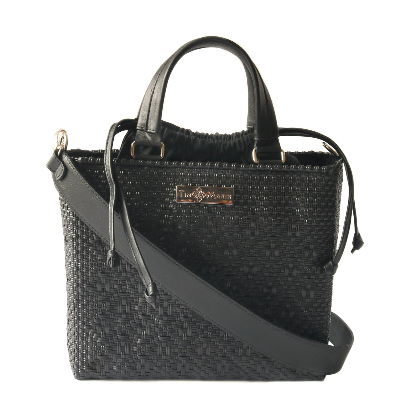 Tin Marin - All Black Medium Woven Crossbody Drawstring Bag