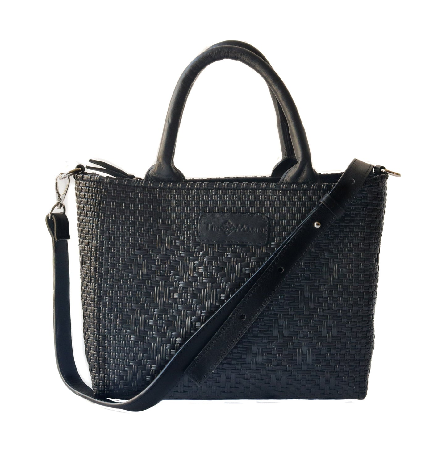 Tin Marin - All Black Small Woven Crossbody Bag - Black Leather