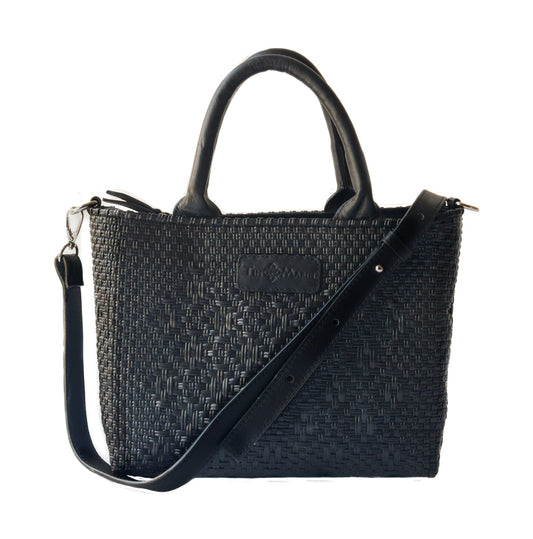 Tin Marin - All Black Small Woven Crossbody Bag - Black Leather