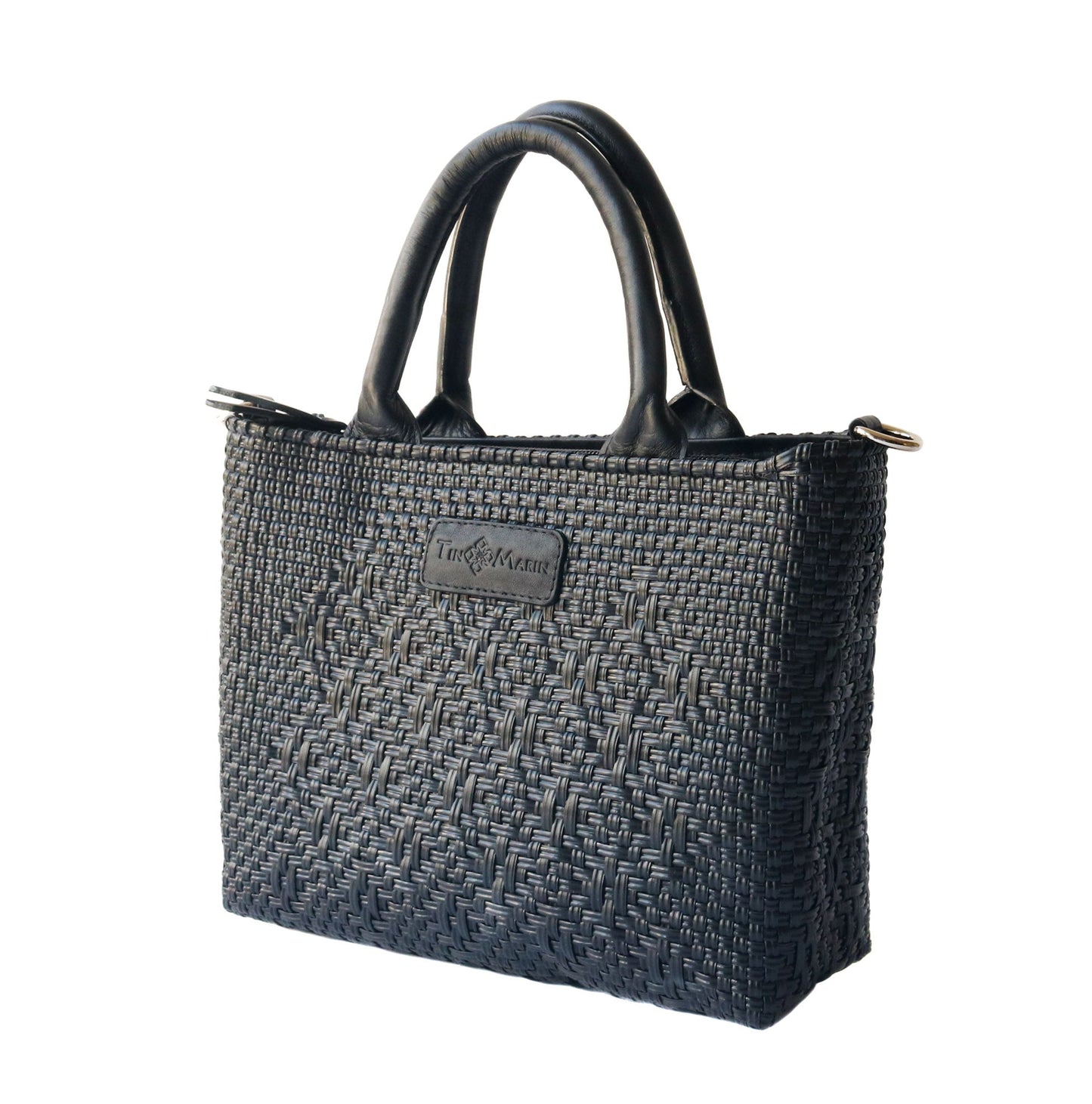 Tin Marin - All Black Small Woven Crossbody Bag - Black Leather
