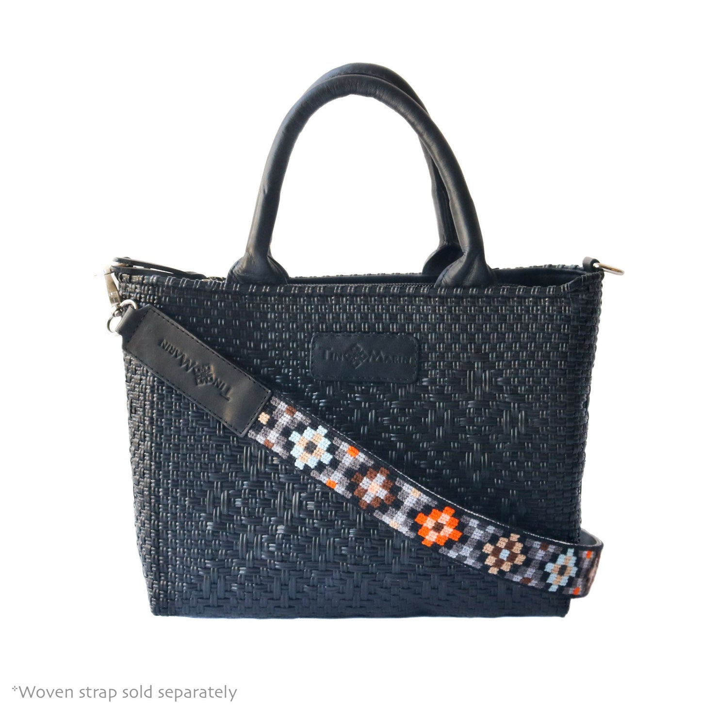 Tin Marin - All Black Small Woven Crossbody Bag - Black Leather