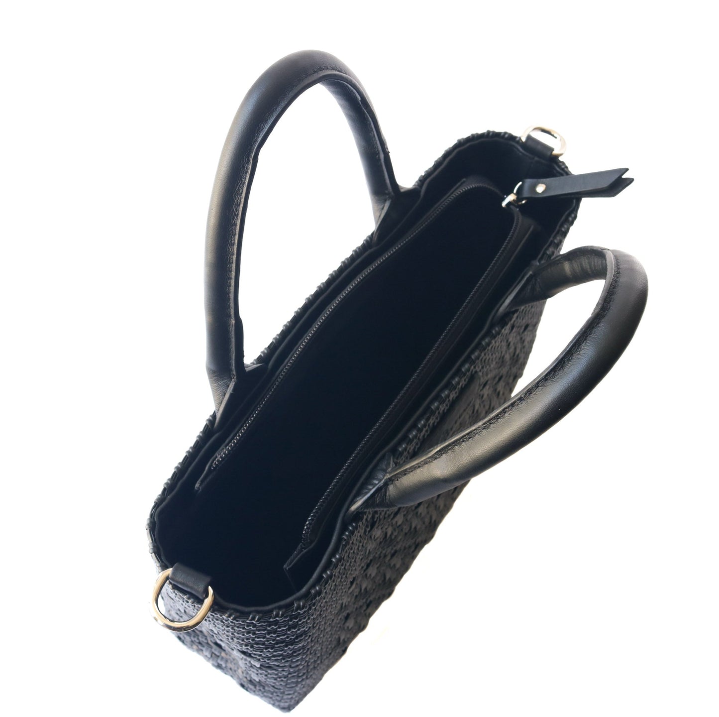 Tin Marin - All Black Small Woven Crossbody Bag - Black Leather