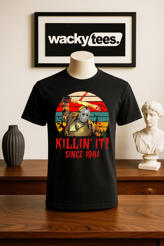Killin It Since 81 Jason Voorhess Friday The 13th Horror Terror Halloween Graphic Tee Shirt