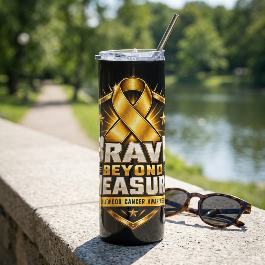 Childhood Cancer Awareness Brave Beyond Measure 20oz Skinny Tumbler Gold Ribbon Sublimation Tumbler